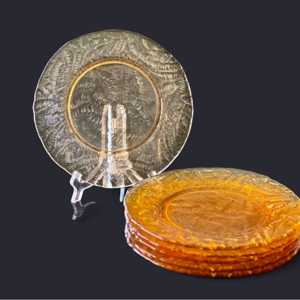 (6) VINTAGE MCM Textured Heavyweight Amber Glass Plates